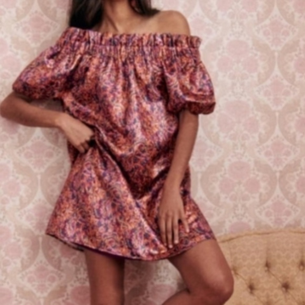 Sézane Rosita dress metallic Tahoma print and short puff sleeves 34/2